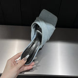 New Summer Denim Cross-Band Square Head Stiletto Slippers Wearing Fashionable High-Heeled Women's