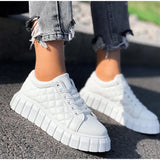 Women Autumn Pu Leather Sneakers Sewing Lace-Up Platform Flats Vulcanized Shoes Thick Sole Brief Casual White Black Canvas