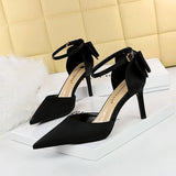Breakj Korean Version Of Sweet Women's Shoes Fine Heel High Heel Shallow Mouth Pointed Silk Hollow Bow After A Word With