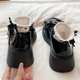 Sweet Lace Bowknot Lolita Shoes Women Heart Buckle Patent Leather Mary Janes Woman 2024 Round Toe Platform Flats