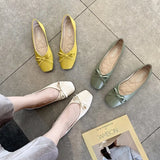 Women Bow Flats Leather Slip on Flat Shoes For Woman Shallow Single Shoes Butterfly Knot Loafers Green Ladies Boat Shoes