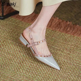 Women Summer Flats Chunky Heel Studded Patent Leather Rivet T-Strap Buckle Strap Walking Shoes Casual Solid Sapatos