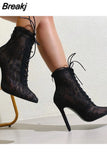 Mature Mesh Women Boots Floral Lace-Up Thin High Heels Ankle Pointed Toed Party Wedding Shoes