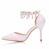Queen White Pearls Tassel Chain Sandals Thin High Heels Pointed Toe Mary-Janes Stiletto Rhinestone Weddding