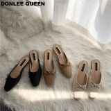 Women Brand Flat Slippers Summer Slides Bowtie Shallow Square Toe Mule Women Breathable Knitting Flip Flops Women Platform