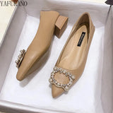 Fashion Pointed Toe Square Low Heel High Heels Elegant Pearl Rhinestone Buckle Soft Leather Party Dress Shoes Female