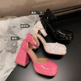 Spring And Summer Barbie Pink Single Shoes Waterproof Platform With Baotou Thick Heel Hollow Mary Jane Square Head High