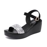 Heel Sandals Women's 2023 Summer New Muffin Thick Bottom Waterproof Table With One-Word Buckle Sequins And Large-Size