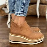 Women Short Boots Round Toe High Top Platform Wedges Retro Booties Soft Leather Zipper Comfortable Ankle Boots for