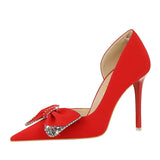 Breakj Korean Version Of Fashion High Heels With Super High Heel Shallow Mouth Tip Side Hollow Water Diamond Bow Single