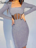 Party Bright Silk Dress Women Patchwork Mesh See Through Mini Skinny Black Long Sleeve Dress Sexy 2021 Club