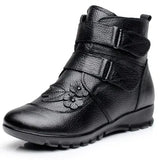 Genuine Split Leather Ladies Ankle Short Boots Soild Flat Flower Round Toe Plush Platform Women