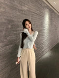 Color Fake Two Pullover Korean Style Y2k Crop Tops Woman Slim Causal Long Sleeve Knitted Sweater Clothing 2023 Spring