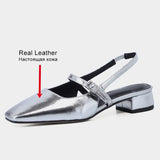 Size 33-41 Sandals Women 2023 Real Leather Chunky Heels Summer Shoes For Women Buckle Low Heel Elegant Gold