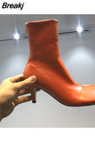 Woman Square Toe Kitten Heels Elastic Short Boots Women Genuine Leather Back Zip Ankle Boots Sexy Big Size Party