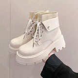 Boots Rock Shoes Woman Boots-Women Flat Heel Luxury Designer Round Toe Lace Up Winter Footwear 2023 Ankle Med Lolita