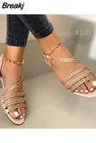 Summer Fashion Rhinestone Sandals Women's Shoes One Word Large Size Flat Beach Sandals Women Sandalias