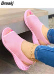 Women 2023 Summer Solid Color Flying Weave Sandals Open Toe Wedges Shoes Platform Slip-On Light Weight Casual Ladies