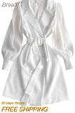 Elegant Women White Blazer Dress 2023 Autumn Fashion Chiffon Patchwork Long Sleeve Belted A-line Mini Office Work