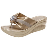 Fashion Gold Wedges Slippers for Women 2023 Sequins Rhinestone Clip Toe Sandals Woman Summer Platform Slides