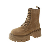Fashion Boots Woman Boots-Women Round Toe Lace Up Flat Heel Punk 2023 Rock Ankle Autumn Ladies Med PU Lace-Up Basic