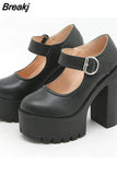 Thick High Heeled Mary Jean Pumps 2023 Spring Summer Ankle Lace Up Women Pumps Round Toe Solid Color Comfy Walk