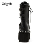 2021 Spring Lace-Up Motorcycle Boots For Women Round Toe Thick Platform High Heels Female Ankle Boots Gothic Style