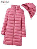 Slim Women Duck Down Jacket Long Ultra Light Thin Casual Coat Women Down Coat Puffer Jacket Slim Remove Hooded Parka