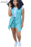 Striped Print Two Piece Set Women Sleeveless Blazer Coat And Sashes Pants Outfits Office Lady Elegant Work 2pcs