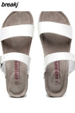 2023 Summer Women Beach Med Heel Cork Slippers Casual PU Leather Wedge Platform