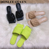 Size 35-41 Slippers Women Flat Square Toe Slides Beach Flip Flops Fashion Embroidery Sandal Gingham Slipper Apple Green