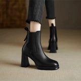Women Ankle Boots Thick High Heels Round Toe Shoes Woman Zipper Elegant Genuine Leather Autumn