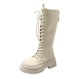 Chunky Platform Motorcycle Boots Women Thick Bottom PU Leather Knee High Boots Woman Autumn Winter Black Long Botas