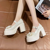 Breakj New Mary Jane Women's Shoes Thick Heel Platform Uniform Single Shoes High Heels Women's Bow Retro Small Leather