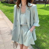 Elegant 3 Pieces Blazer Set Women Buttons Jacket & Sleeveless Camisole & A-line Shorts 2021 Summer Short Suits