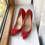 Square Rhinestones Women Red Silk Satin Pointy Toe High Heel Wedding Bridal Shoes Elegant Ladies Stiletto Pumps