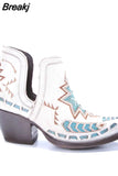 Female Western Boots Wood Sole Pointed Toe Slip-On Print Ankle Boots Embroider 2023 Spring Comfy Woman Boots