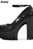 Spring Chunky Heeled Ankle Strap Pumps Sweet Platform Pink Square Heel Woman High Heels Pumps Platform Shoes Woman