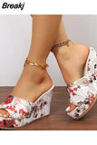 Dropship Platform Wedges Mules Sandals 2023 Summer New Floral Pattern Slide Sandals Comfy Beach Shoes Outside Slider