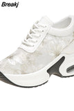 Flower Embroidered Mesh Breathable Ladies Wedge Platform Sneakers High Heels Lace-Up Shoes Comfortable Height