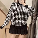Houndstooth Knitting Loose Sweater Casual Femme O-Neck Long Sleeve Pullover High Street Lady Tops