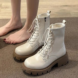PU Leather Ankle Boots for Women Thick Heels Platform Combat Booties Woman 2023 Autumn Fashion Lace Up Motorcycle