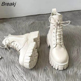 Autumn Winter Women's Shoes Thick Sole Lace-up Side Zippers Boots Leather High Heel Chunky Short Boot for