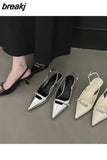 Slingback Sandals Women Med Heels Pumps Rivet Shoes Elegant Pointed Toe Female Mules Dress Slides Denim Sandalias