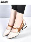 Soft Leather Sandals Women Summer Fashion Bag with Pointed Tip Lace Up Heels Thick and Low-Heel Hollow Work Shoes