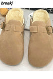 Fashion Women Winter Cork Slippers Closed Toe Artificial Fur Inside Low Heel Casual Soft Warm Fluffy Slide