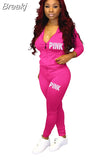 Fall PINK Letter Print Tracksuits Women Zip Hooded Long Sleeve Coat And Pants Two Piece Set Female Casual Sport