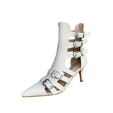 Summer Woman Boots Pointed Toe Split Leather Ladies Shoes 7 CM European Gladiator Botas Autumn Buckle Shoes Roman