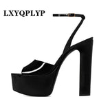 New Women's Sexy Party Shoes Fish Mouth Thick High Heel Platform Sandals Printed Large 43 Platform