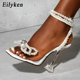Designer Pearls Wedding Bride Women Sandals Fashion Summer Square Toe PVC Transparent Crystal Perspex High Heels